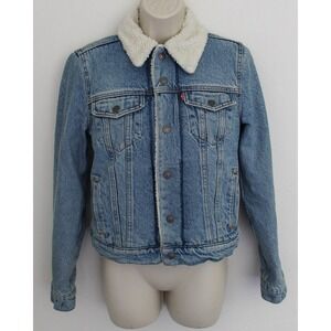 Levi Strauss Sherpa Lined Denim Trucker Jacket Womens XS Light Wash Blue Jean